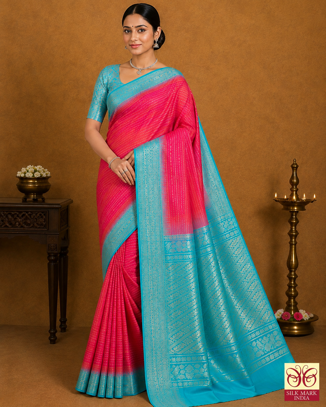 Pure Handloom Soft Silk Dual Tone Saree with Meena Zari – Rani Pink & Aqua Blue