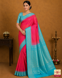 Pure Handloom Soft Silk Dual Tone Saree with Meena Zari – Rani Pink & Aqua Blue