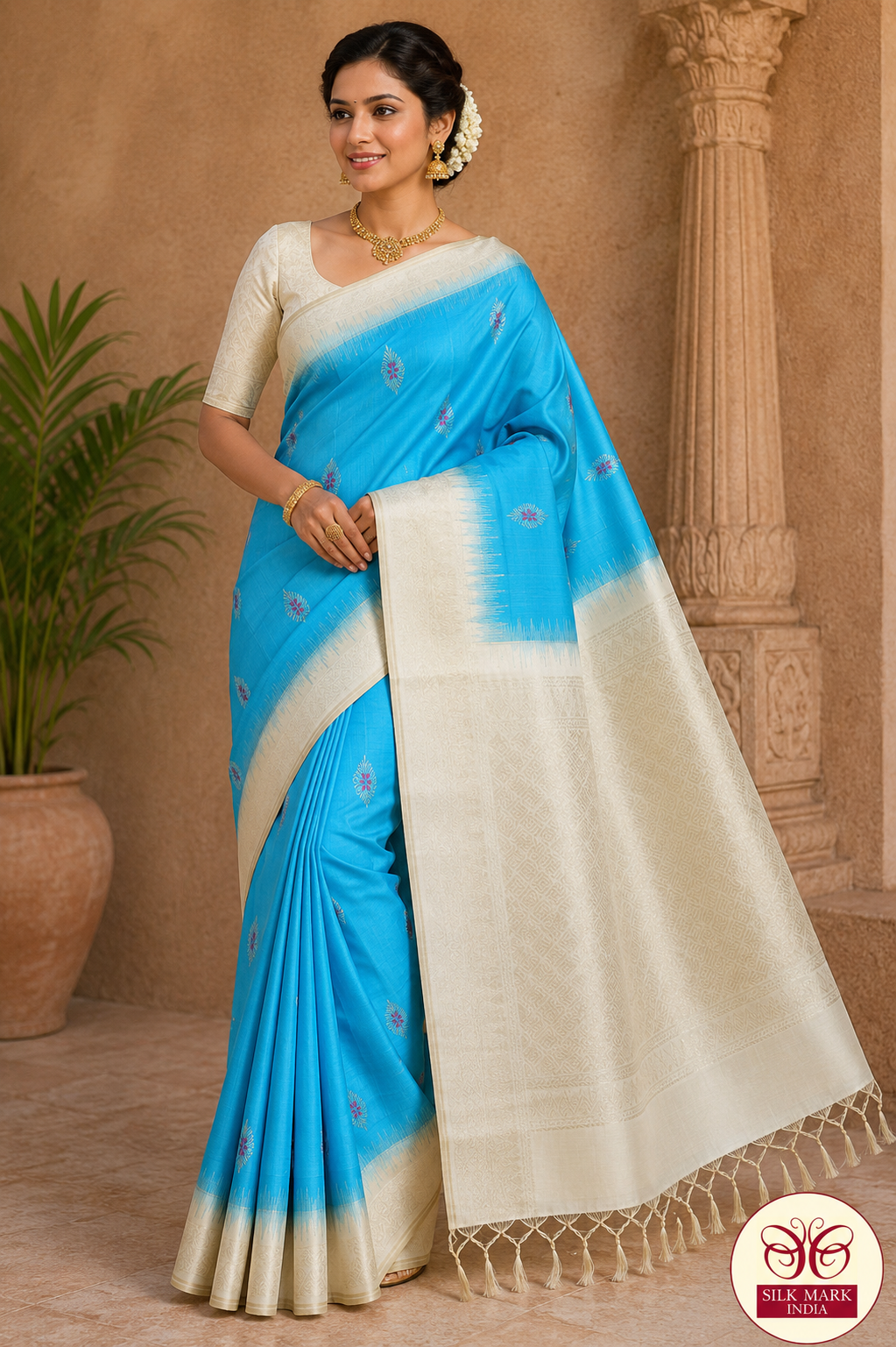 Pure Handloom Soft Silk Saree with Meena Butta Zari – Sky Blue & Ivory White