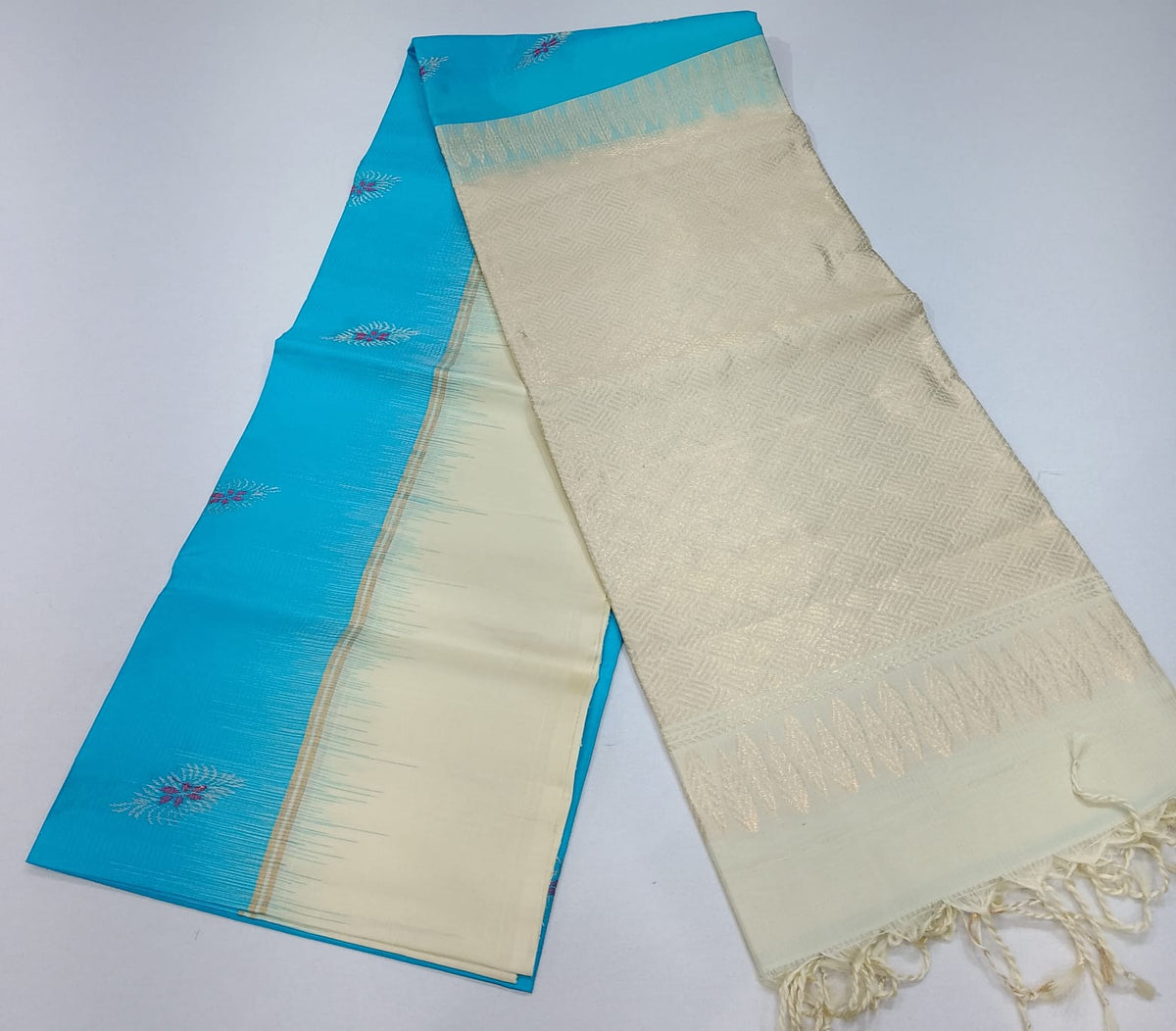 Pure Handloom Soft Silk Saree with Meena Butta Zari – Sky Blue & Ivory White