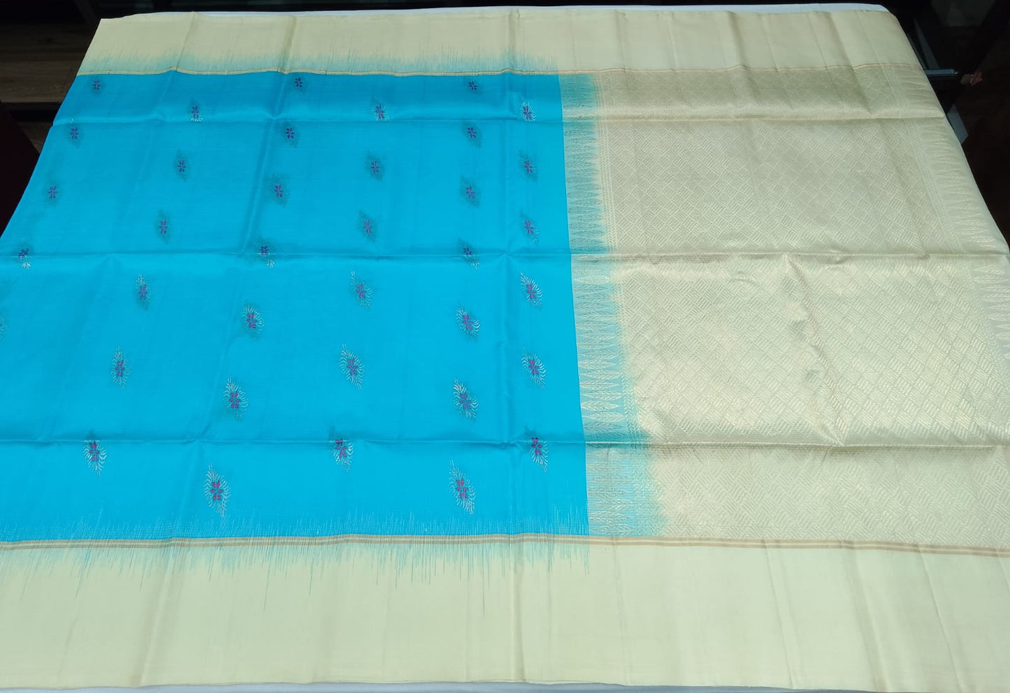 Pure Handloom Soft Silk Saree with Meena Butta Zari – Sky Blue & Ivory White