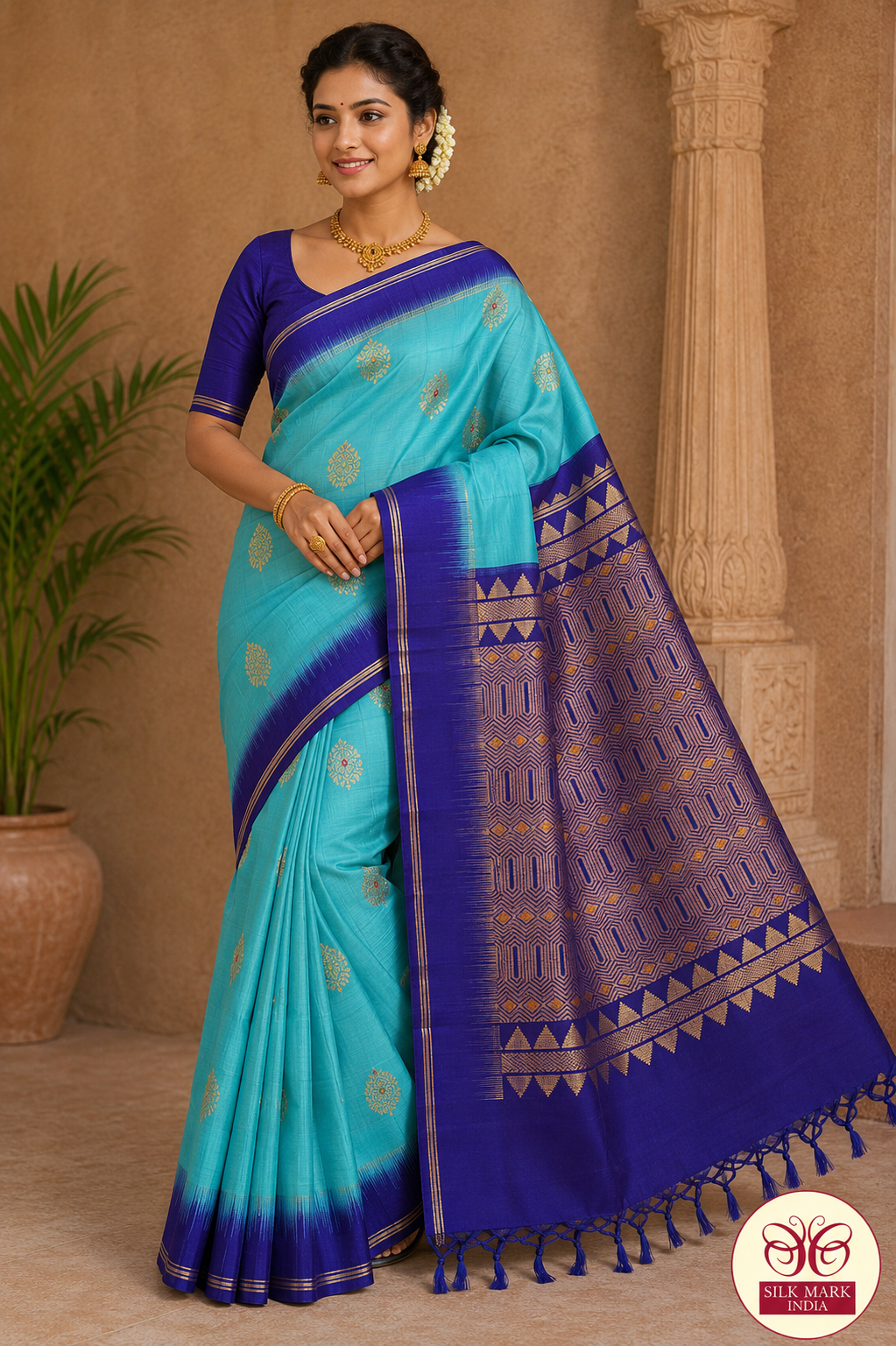 Pure Handloom Soft Silk Saree with Meena Butta Zari - Aqua Blue & Royal Blue