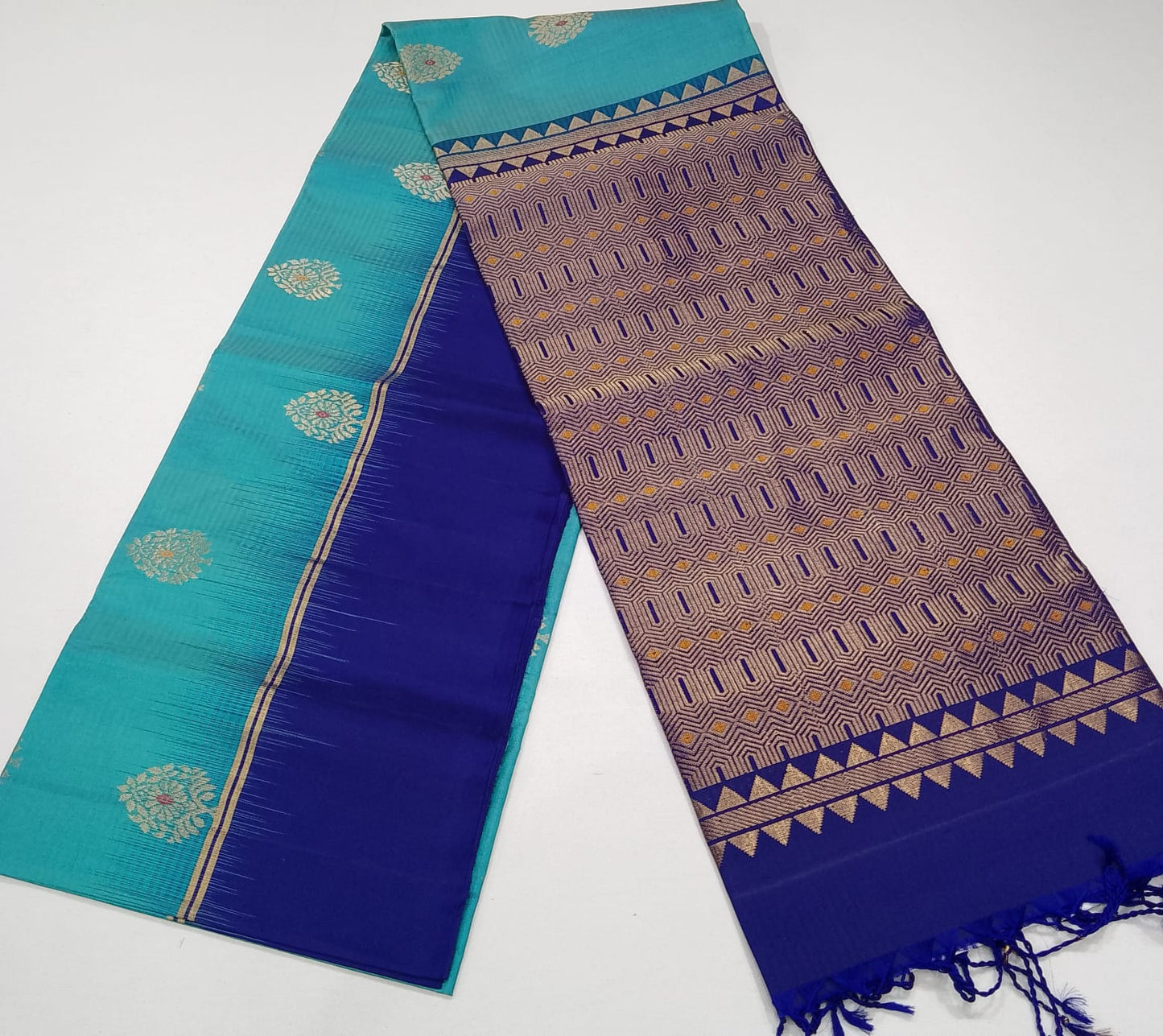 Pure Handloom Soft Silk Saree with Meena Butta Zari - Aqua Blue & Royal Blue