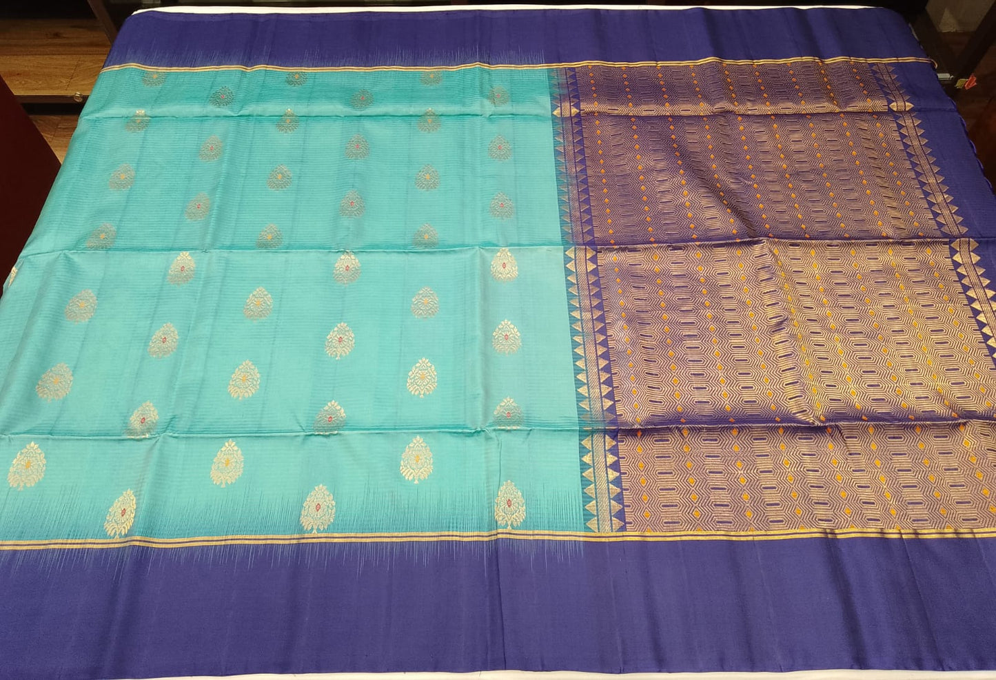 Pure Handloom Soft Silk Saree with Meena Butta Zari - Aqua Blue & Royal Blue