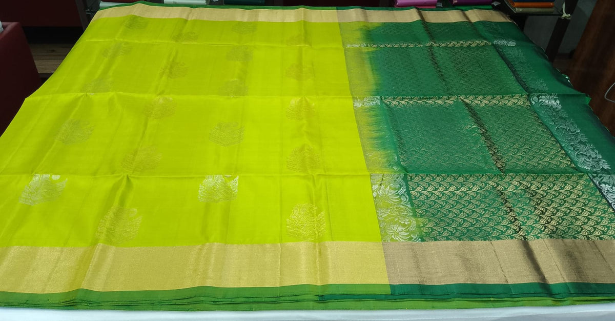 Pure Handloom Soft Silk Saree with Rich Gold Zari Pallu – Lime Green & Bottle Green
