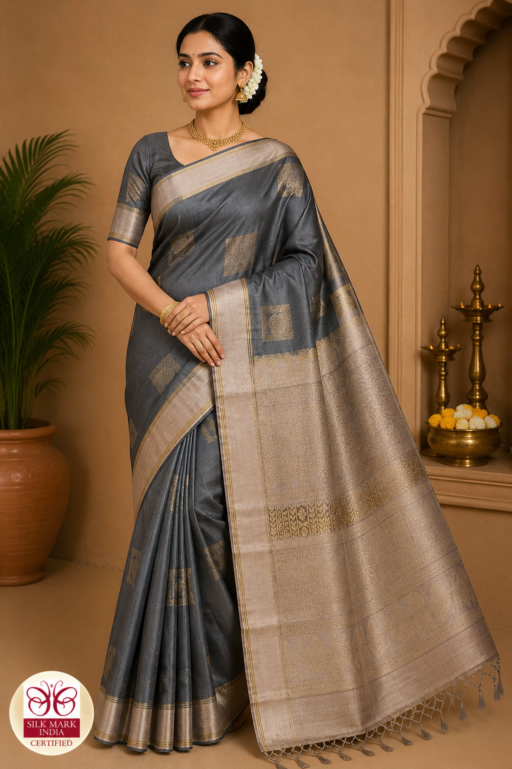 Pure Handloom Soft Silk Saree – Dark Grey & Champagne Beige