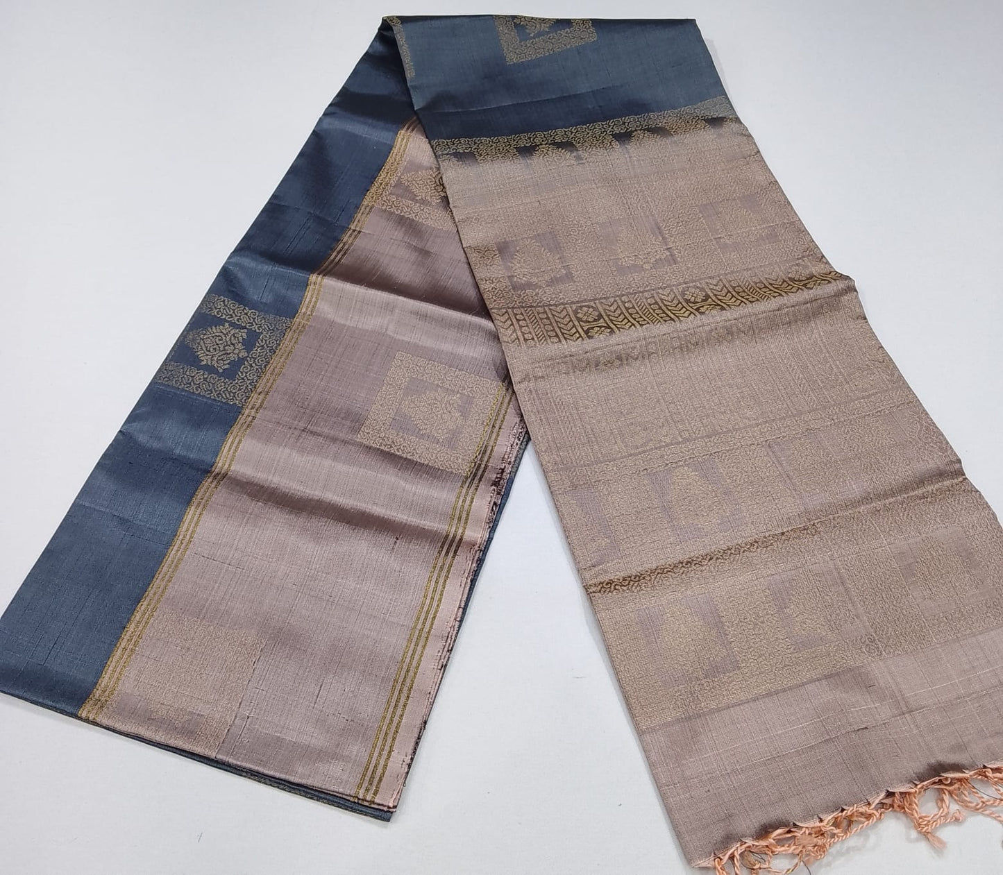 Pure Handloom Soft Silk Saree – Dark Grey & Champagne Beige