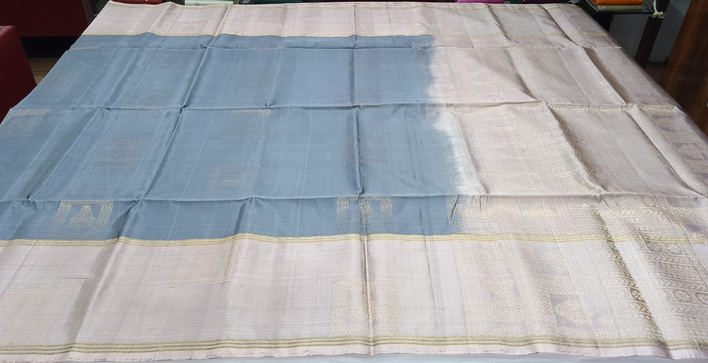 Pure Handloom Soft Silk Saree – Dark Grey & Champagne Beige