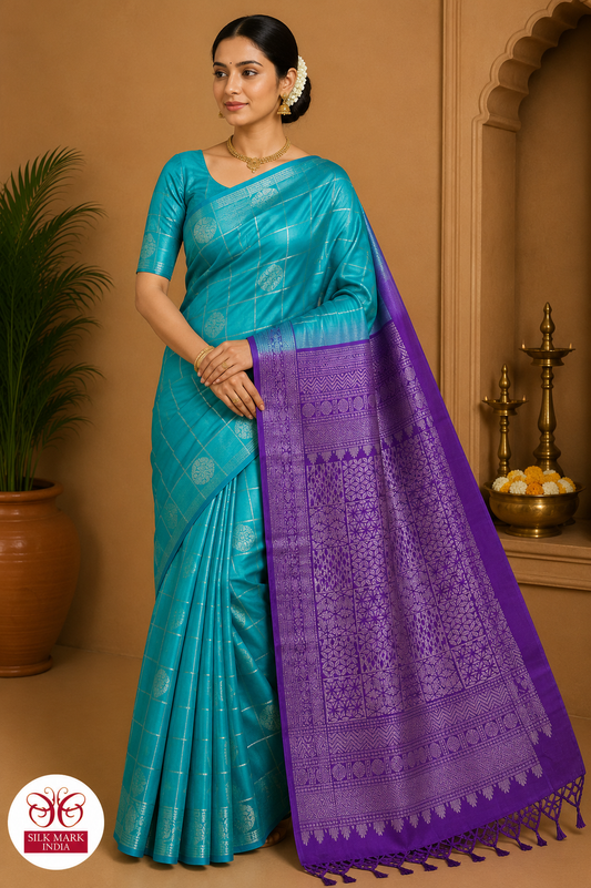 Pure Handloom Soft Silk Saree – Aqua Teal with Royal Purple Rich Pallu
