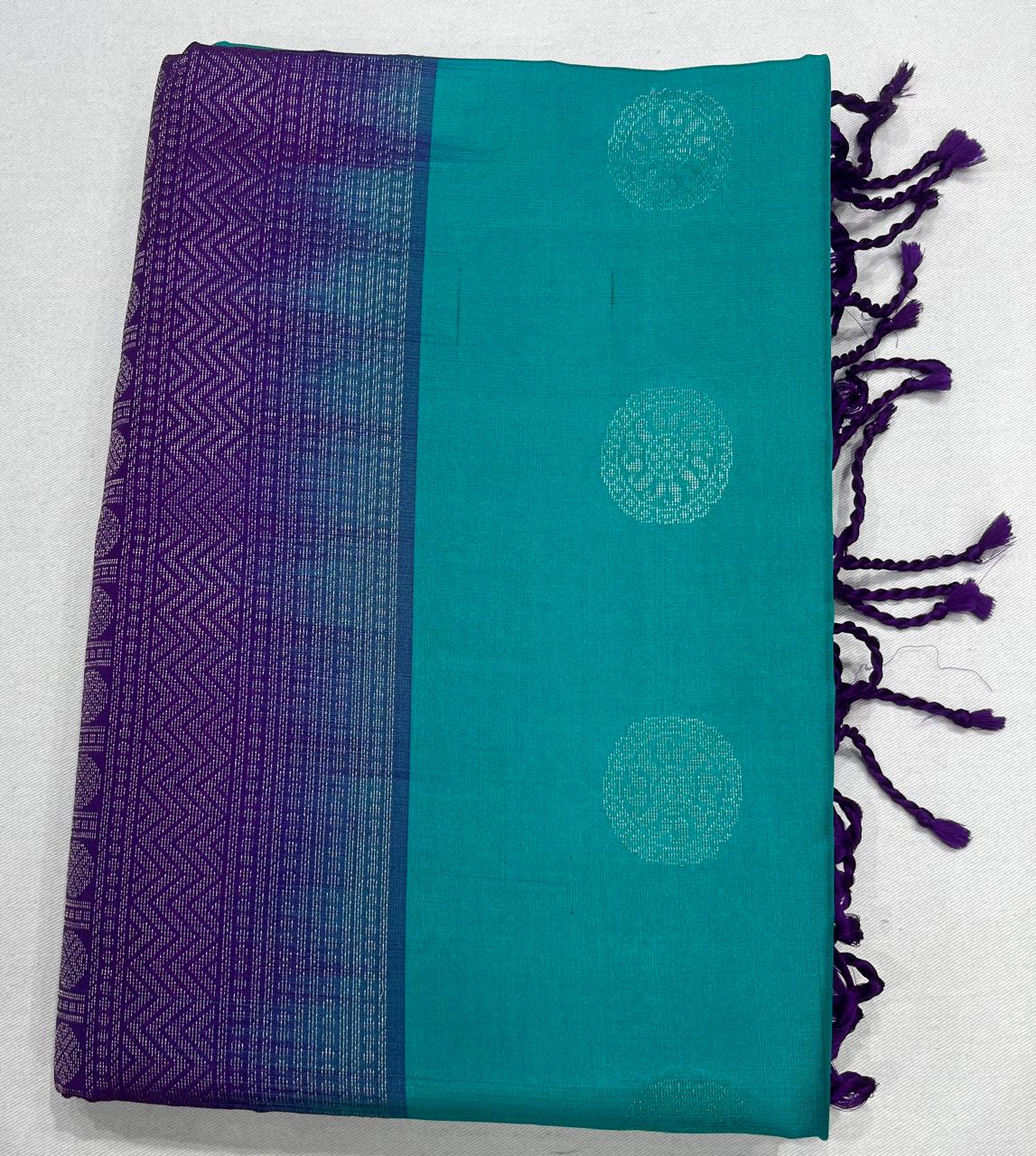Pure Handloom Soft Silk Saree – Aqua Teal with Royal Purple Rich Pallu