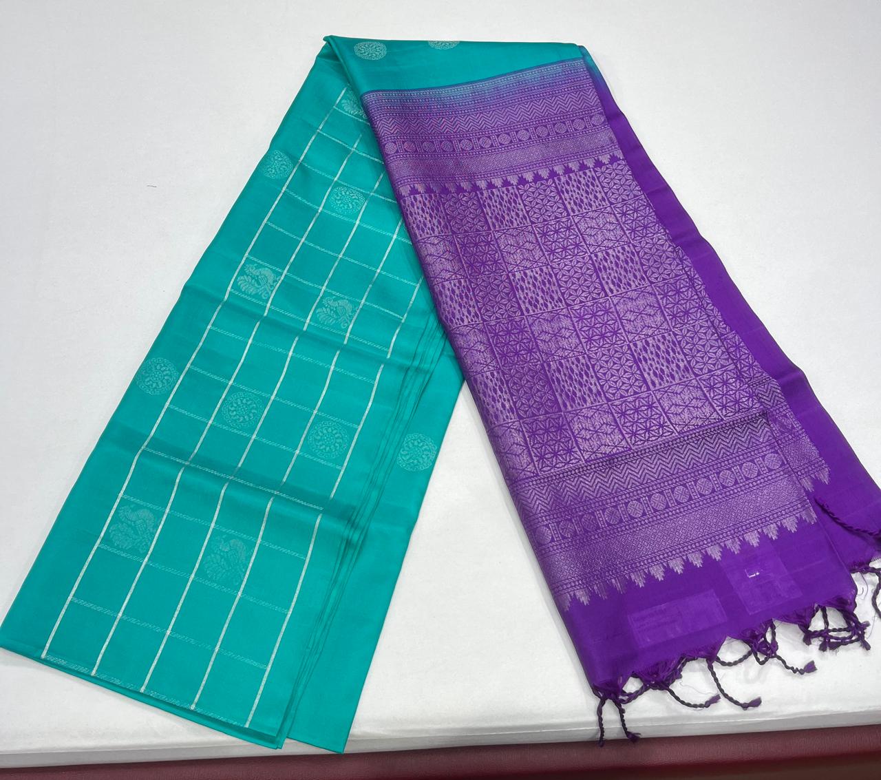 Pure Handloom Soft Silk Saree – Aqua Teal with Royal Purple Rich Pallu