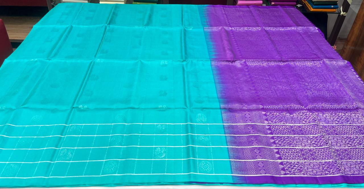 Pure Handloom Soft Silk Saree – Aqua Teal with Royal Purple Rich Pallu