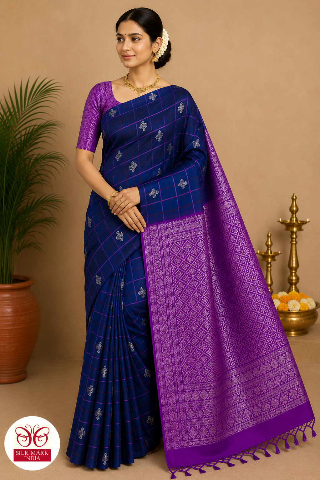 Pure Handloom Soft Silk Saree – Royal Navy Blue with Royal Violet Rich Pallu