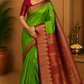 Pure Handloom Soft Silk Saree – Parrot Green with Maroon Designer Pallu