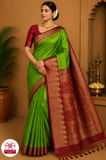 Pure Handloom Soft Silk Saree – Parrot Green with Maroon Designer Pallu