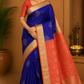 Pure Handloom Soft Silk Saree – Royal Blue & Coral Orange with Plain Gold Zari Border