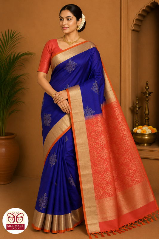 Pure Handloom Soft Silk Saree – Royal Blue & Coral Orange with Plain Gold Zari Border