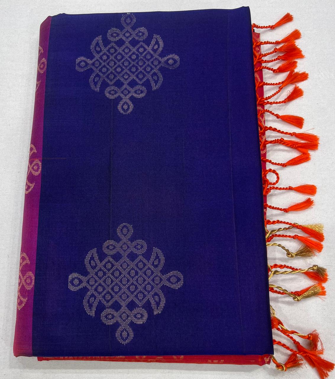 Pure Handloom Soft Silk Saree – Royal Blue & Coral Orange with Plain Gold Zari Border