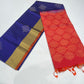 Pure Handloom Soft Silk Saree – Royal Blue & Coral Orange with Plain Gold Zari Border