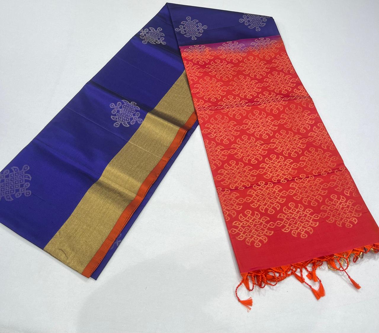 Pure Handloom Soft Silk Saree – Royal Blue & Coral Orange with Plain Gold Zari Border