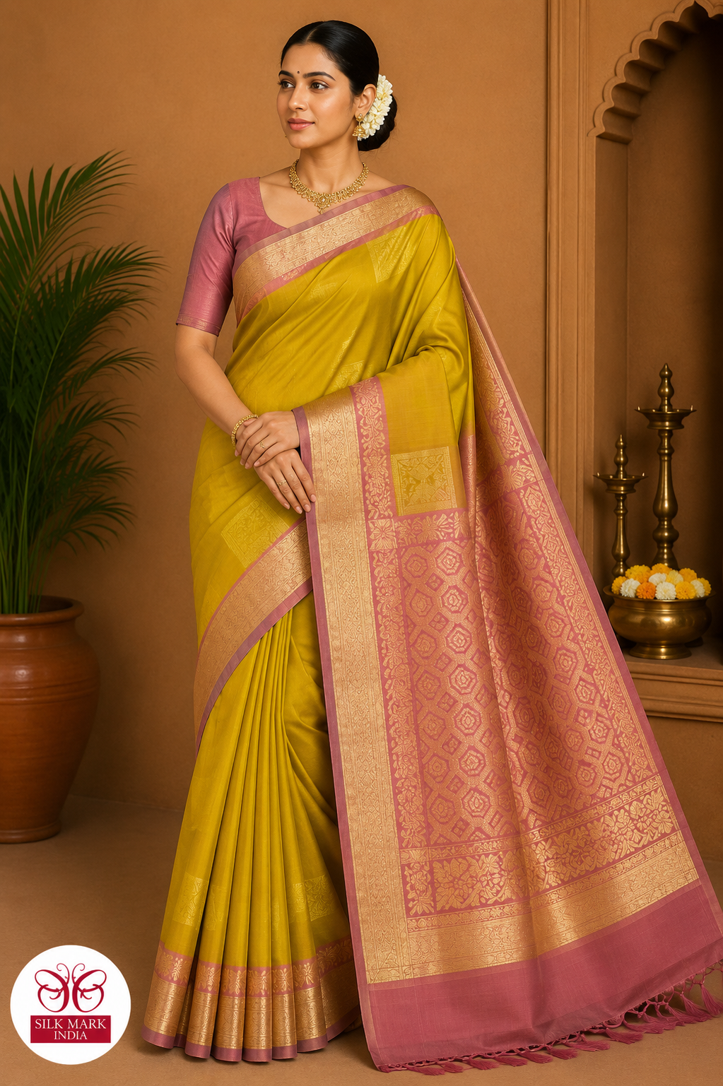Pure Handloom Soft Silk Saree – Mustard Gold & Dusty Rose Pink with Plain Gold Border