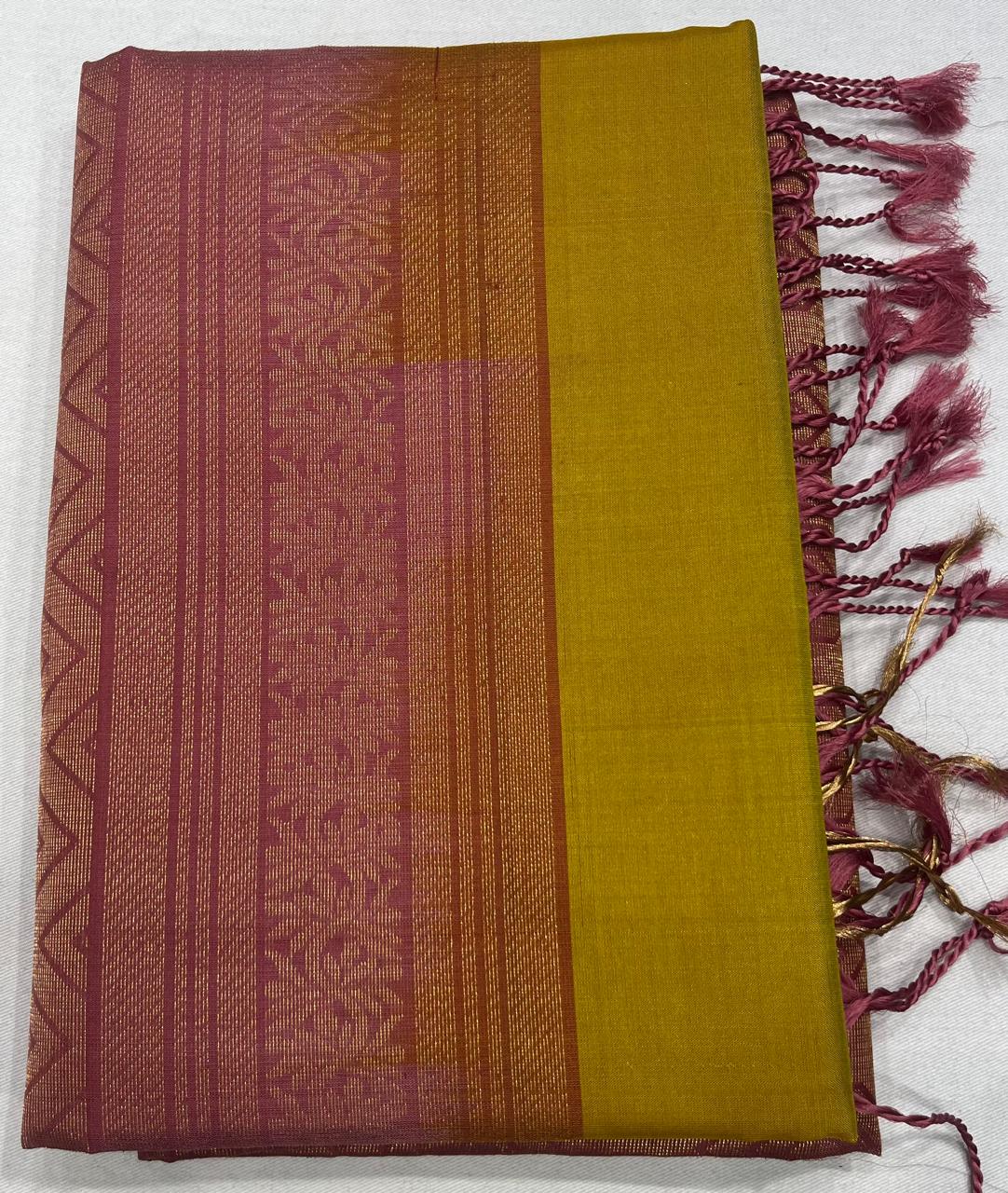 Pure Handloom Soft Silk Saree – Mustard Gold & Dusty Rose Pink with Plain Gold Border