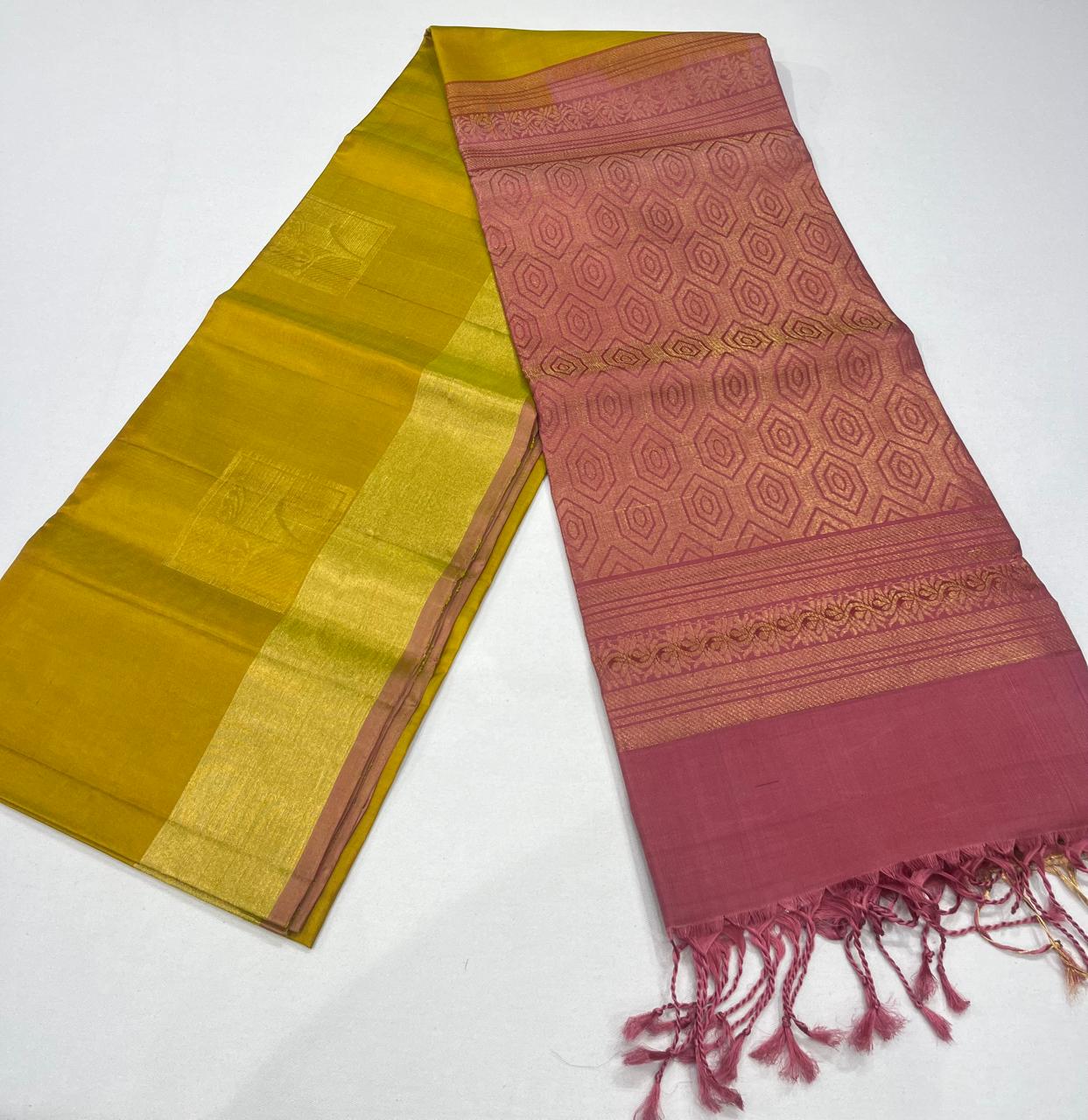 Pure Handloom Soft Silk Saree – Mustard Gold & Dusty Rose Pink with Plain Gold Border