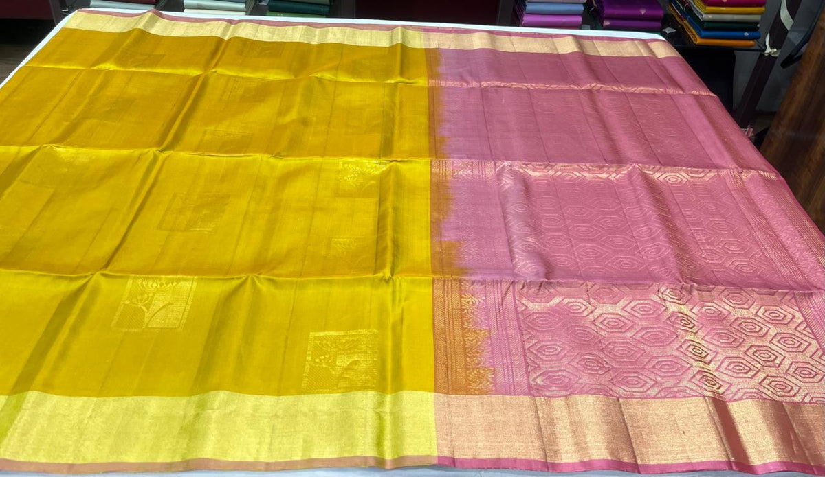 Pure Handloom Soft Silk Saree – Mustard Gold & Dusty Rose Pink with Plain Gold Border