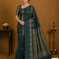 Pure Handloom Soft Silk Bottle Green Saree with Antique Gold Zari Floral Pallu-Borderless