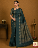 Pure Handloom Soft Silk Bottle Green Saree with Antique Gold Zari Floral Pallu-Borderless