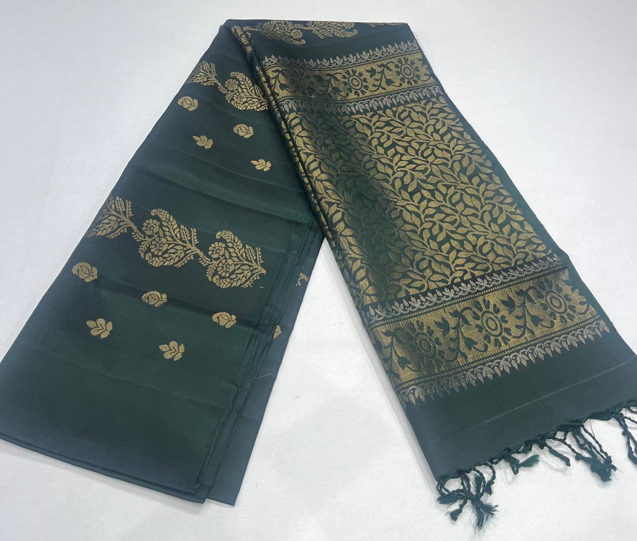Pure Handloom Soft Silk Bottle Green Saree with Antique Gold Zari Floral Pallu-Borderless