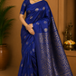 Royal Blue with Antique Gold Zari Floral Pallu | Borderless Elegance