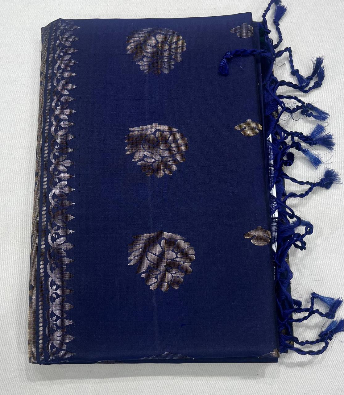 Royal Blue with Antique Gold Zari Floral Pallu | Borderless Elegance