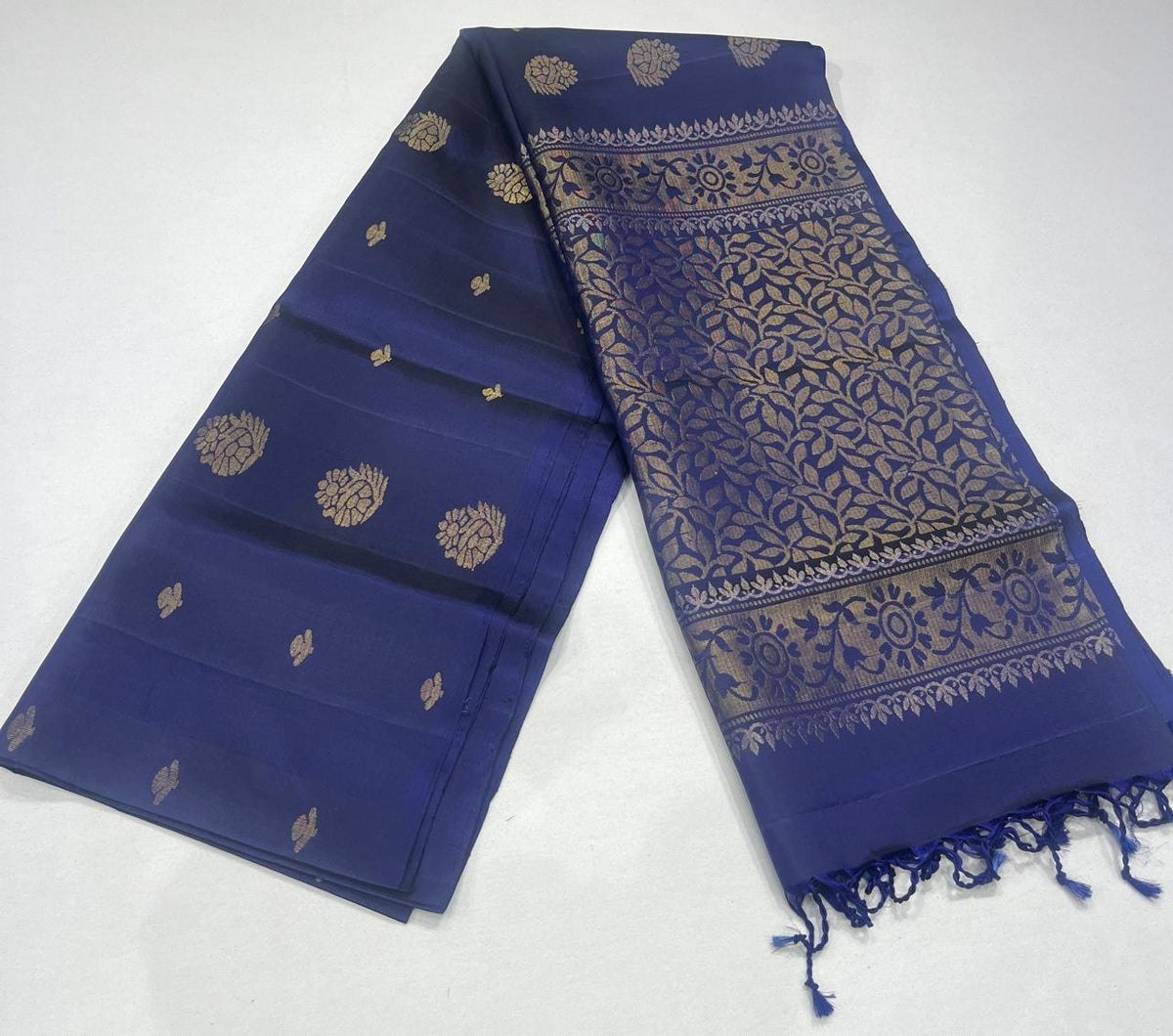 Royal Blue with Antique Gold Zari Floral Pallu | Borderless Elegance