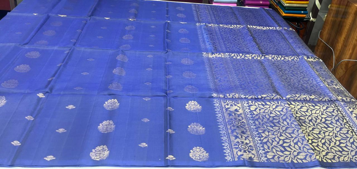 Royal Blue with Antique Gold Zari Floral Pallu | Borderless Elegance