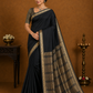 Mysore Silk Deep Black Saree with Antique Gold Floral Zari Border
