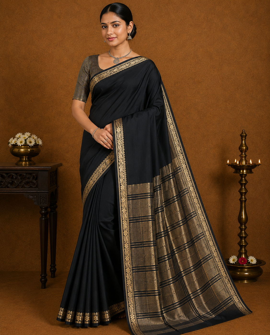 Mysore Silk Deep Black Saree with Antique Gold Floral Zari Border