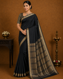 Mysore Silk Deep Black Saree with Antique Gold Floral Zari Border