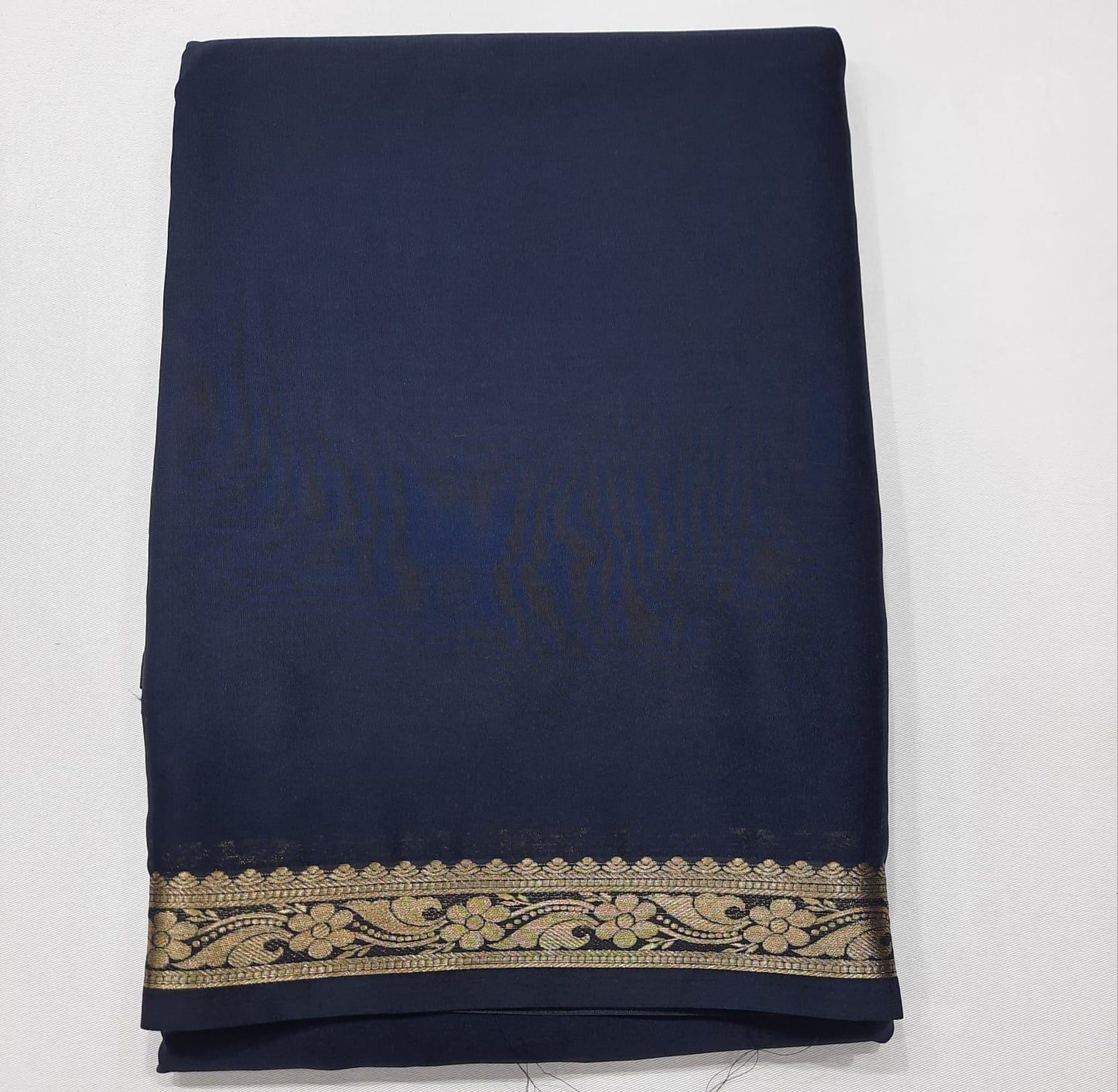 Mysore Silk Deep Black Saree with Antique Gold Floral Zari Border