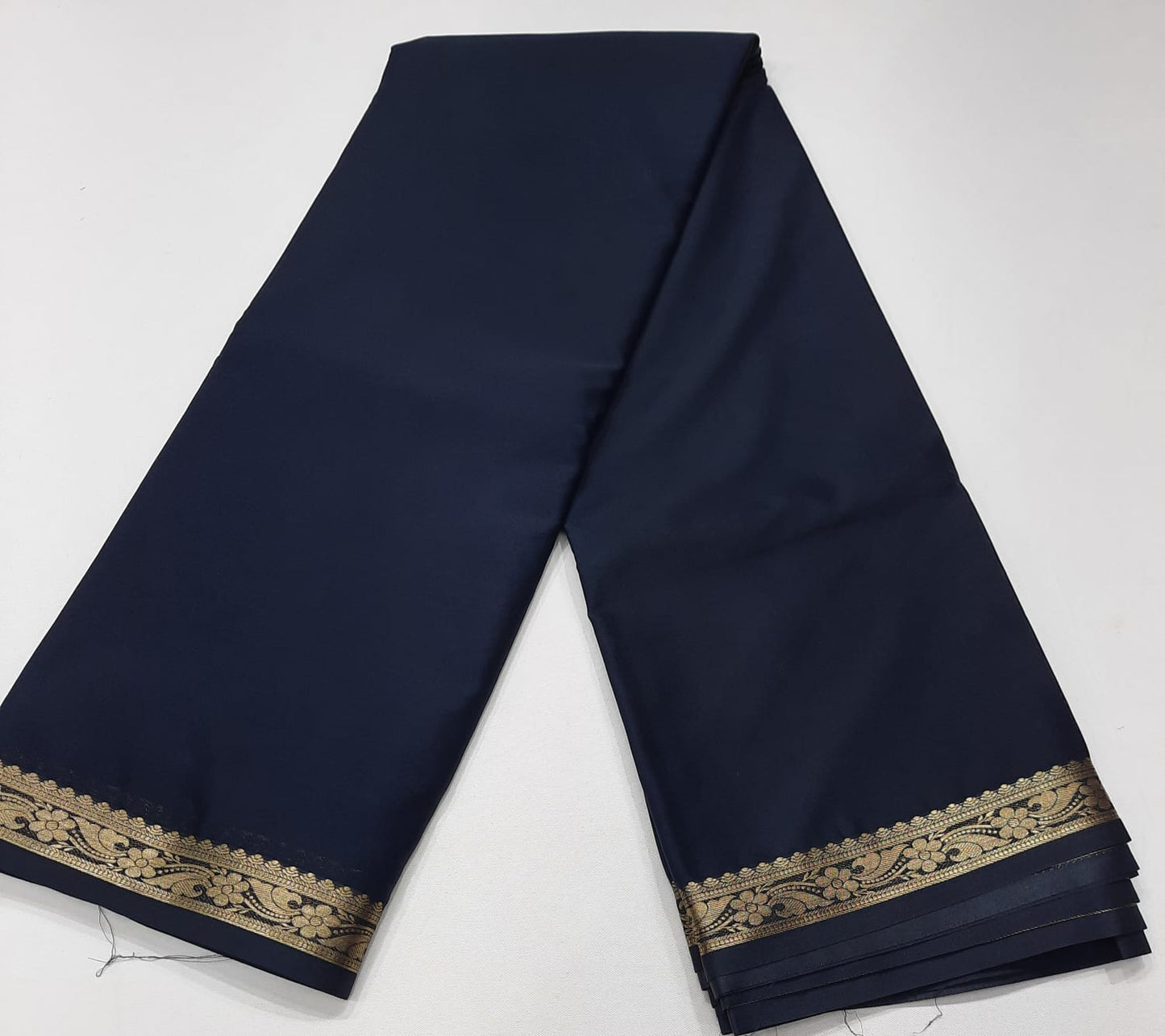 Mysore Silk Deep Black Saree with Antique Gold Floral Zari Border
