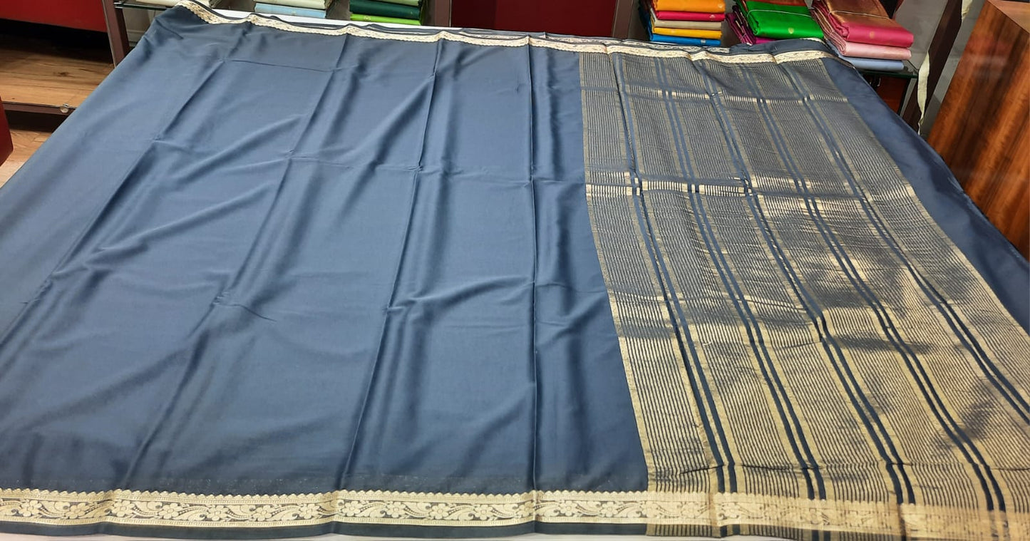 Mysore Silk Deep Black Saree with Antique Gold Floral Zari Border