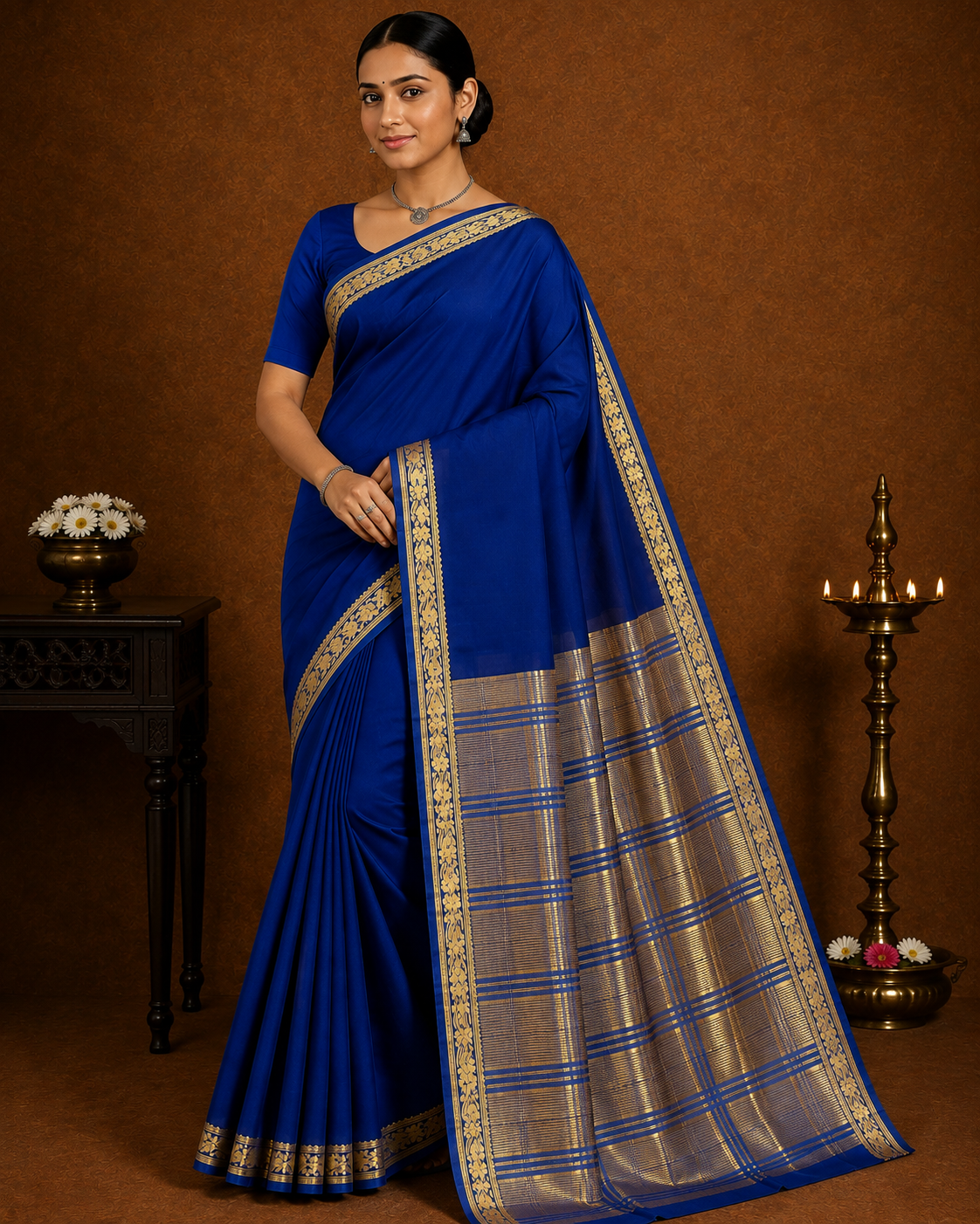 Royal Blue Mysore Semi Silk Saree with Antique Gold Floral Zari Border