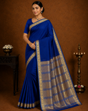 Royal Blue Mysore Semi Silk Saree with Antique Gold Floral Zari Border