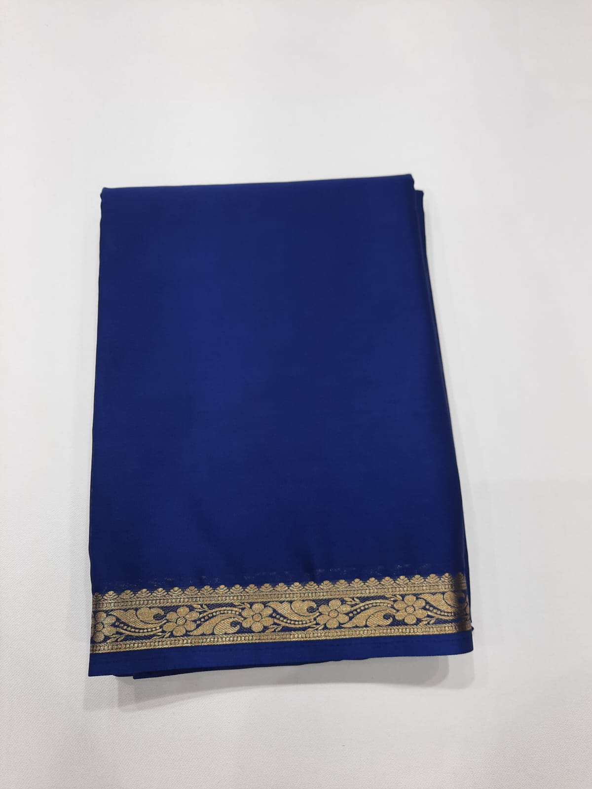 Royal Blue Mysore Semi Silk Saree with Antique Gold Floral Zari Border
