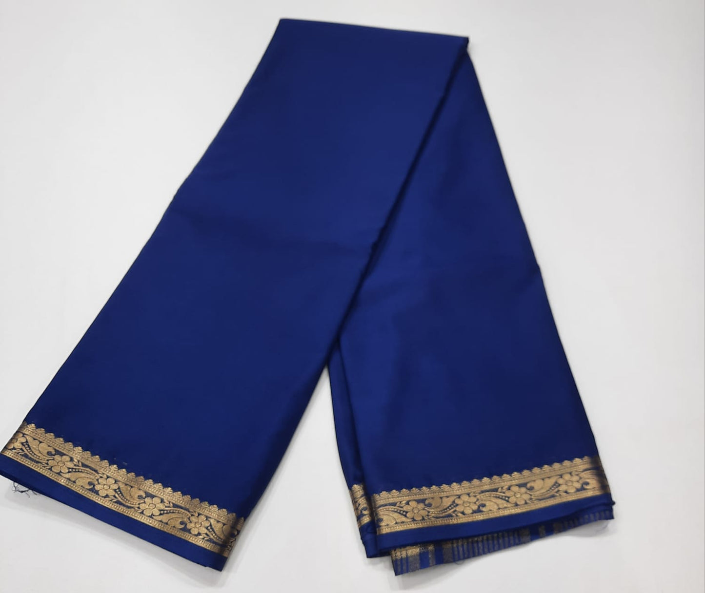 Royal Blue Mysore Semi Silk Saree with Antique Gold Floral Zari Border