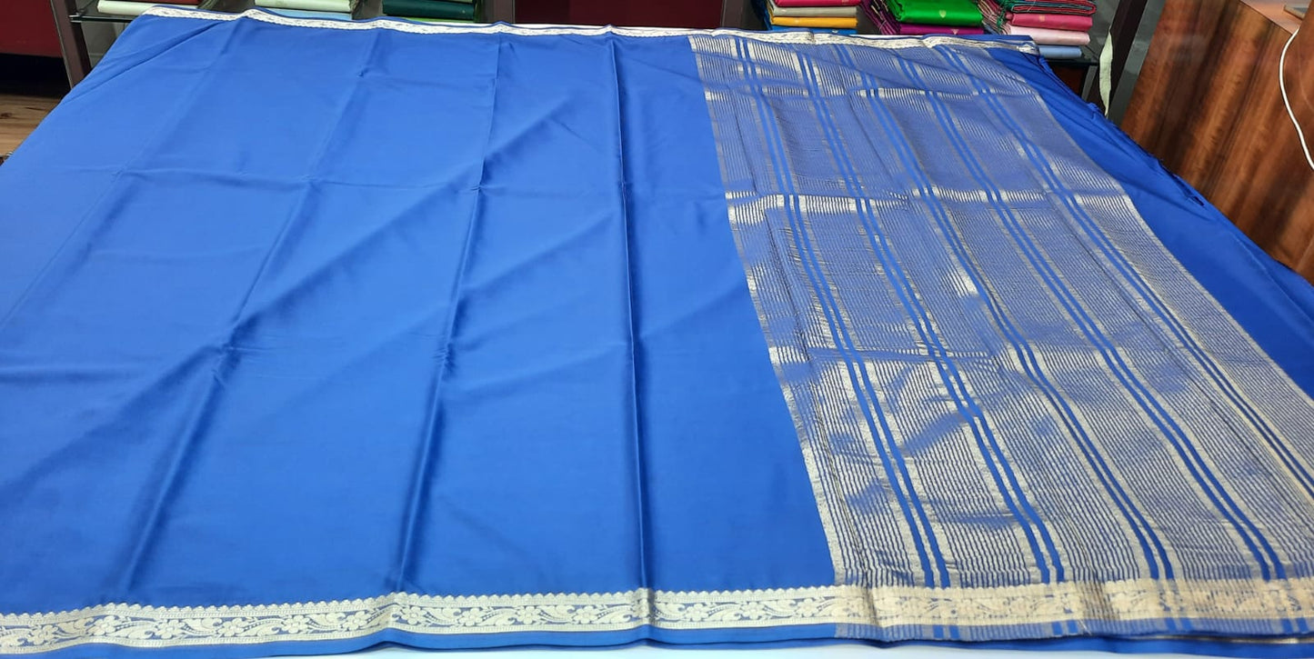 Royal Blue Mysore Semi Silk Saree with Antique Gold Floral Zari Border