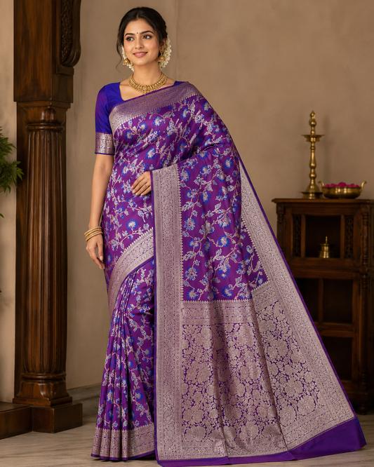 Royal Purple & Blue Floral Banarasi Semi Silk Saree