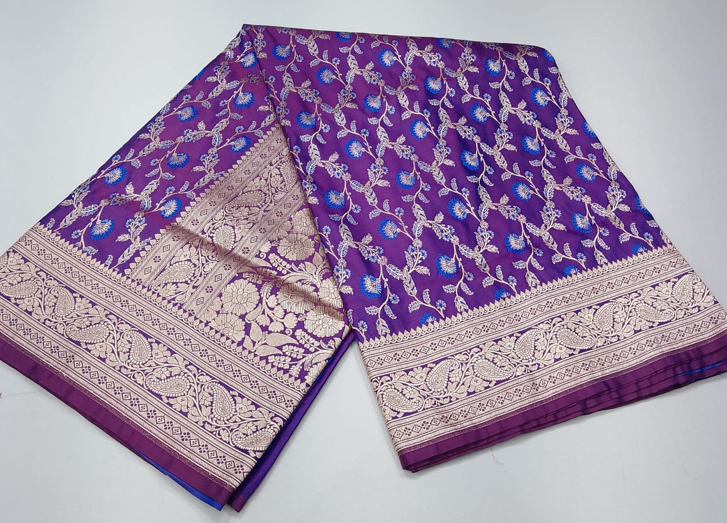 Royal Purple & Blue Floral Banarasi Semi Silk Saree