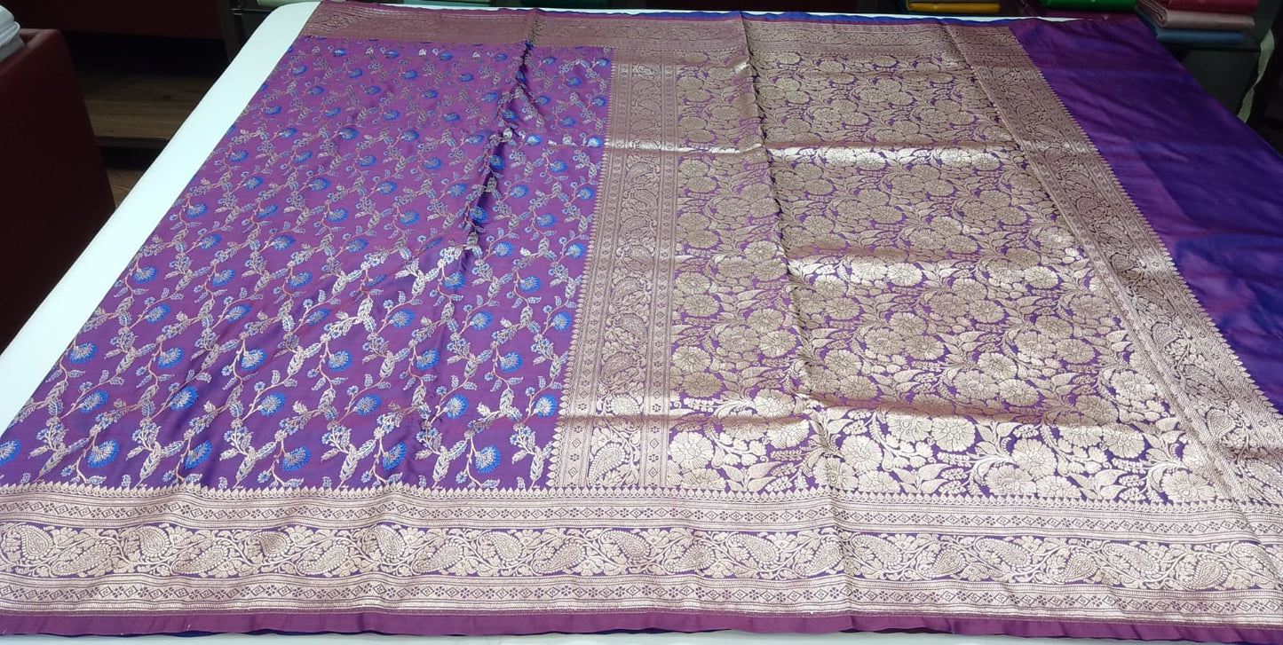 Royal Purple & Blue Floral Banarasi Semi Silk Saree