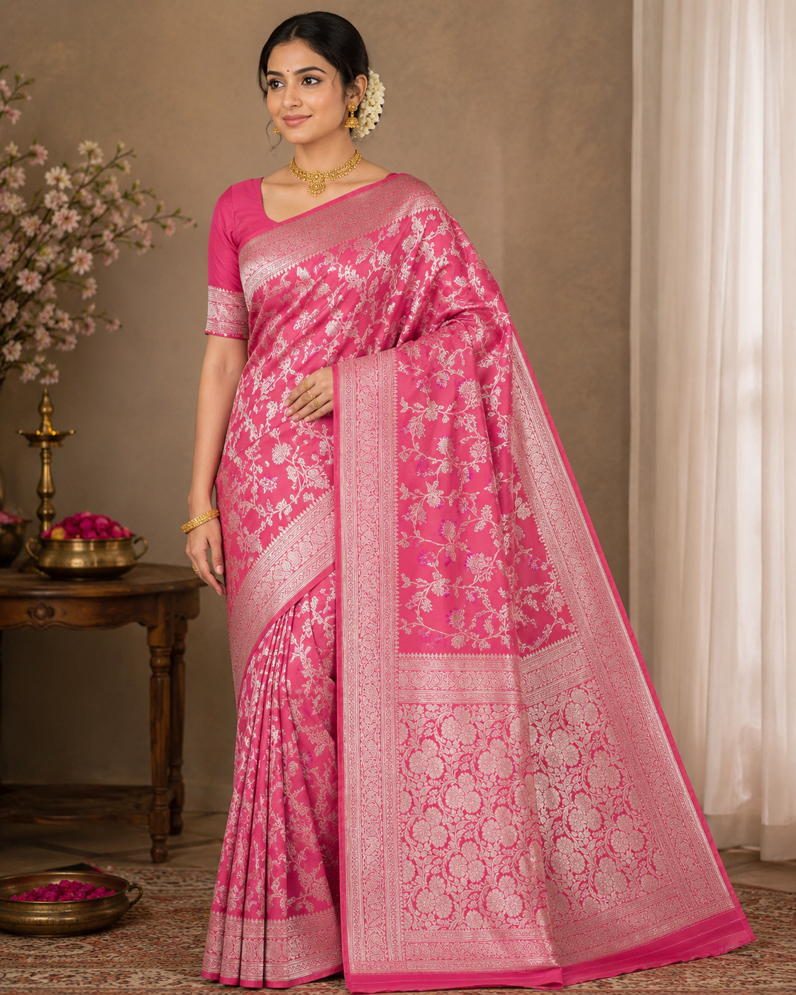 Rani Pink Floral Banarasi Semi Silk Saree
